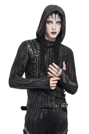 Industrial Gothic Kapuzenpullover in Schwarzweiß-Streifen mit asymmetrischem Saum und Metallösen-Riemensystem, Vorderansicht aus schräger Perspektive auf männlichem Model