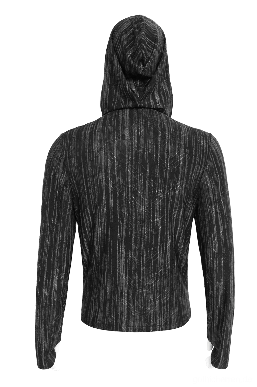 Rückansicht des Industrial Gothic Kapuzenpullovers auf Mannequin mit angehängter Kapuze, ebener Rückenpanel-Design mit Streifen-Strickstruktur