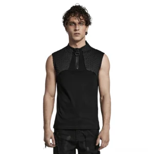 Industrial Gothic Muskelshirt Frontansicht mit asymmetrischem schwarzem Reißverschluss an der Kragenlinie und dreidimensionaler Schulterpaneel-Prägung auf männlichem Model