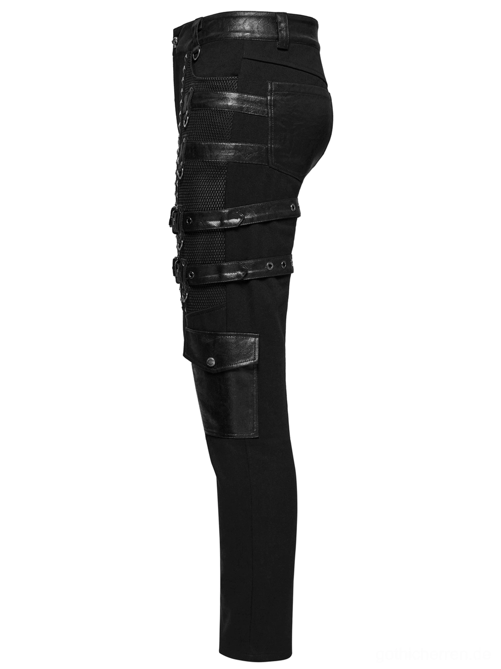 Industrial gothic slim-fit hose seitenansicht mesh panels oberschenkelriemen cargotasche konstruktion tailierte schnitt