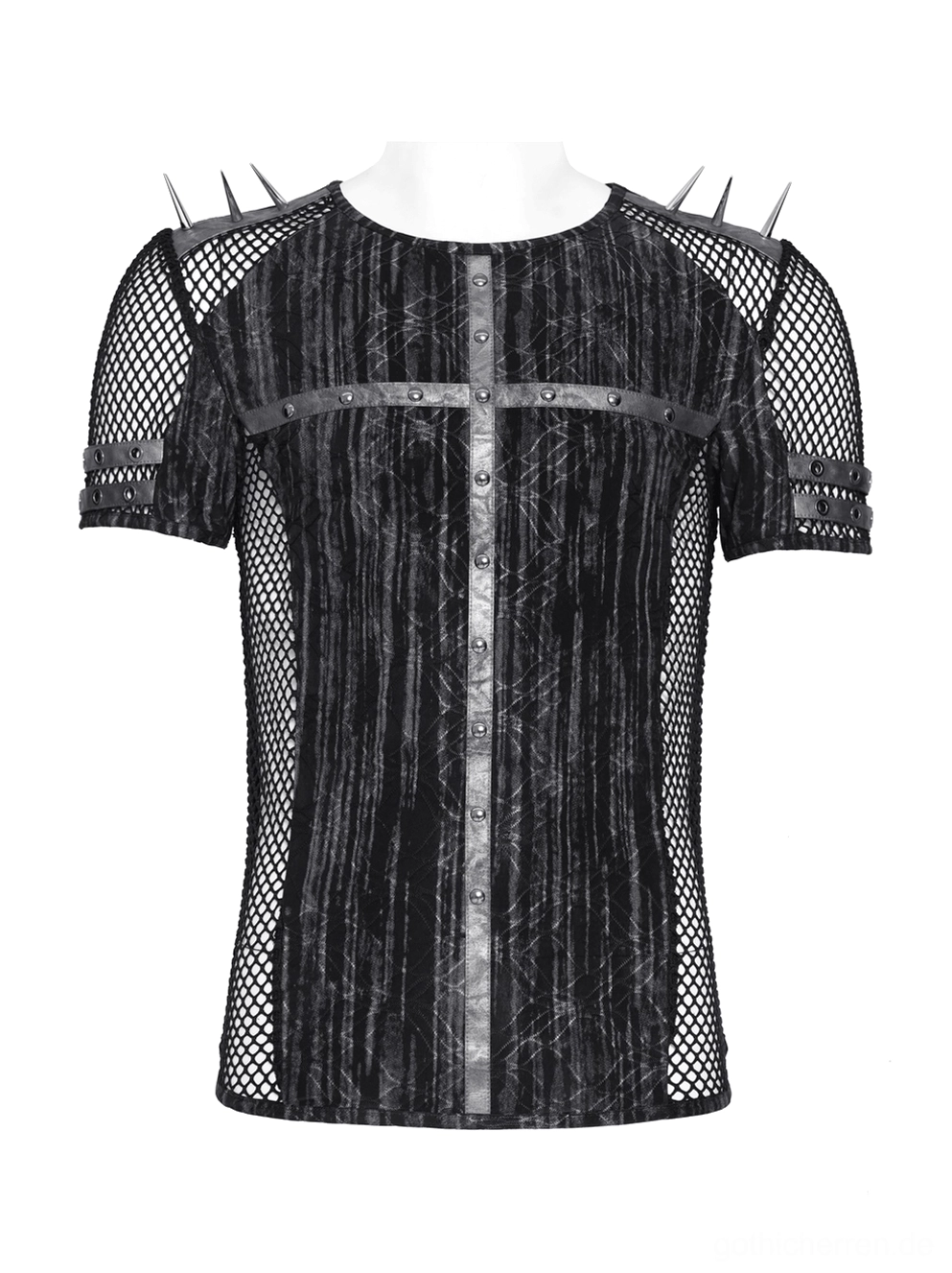 Industrial Punk Mesh T-Shirt Mannequin Vorderansicht mit vertikaler zerrissener Striped-Stoff und Fischnetzmuster-Seitenpanels