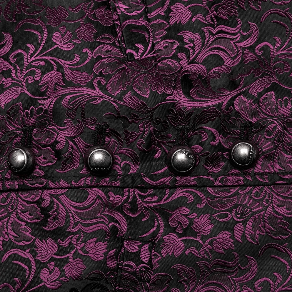 Detailansicht der purpur-schwarzen Jacquard-Blütenmuster-Textur und Vintage-Metallbeschläge auf der Weste