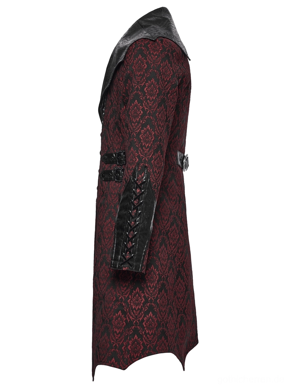 Jacquard-Mantel Seitenansicht zeigend taillierte Silhouette und schnürbare Kunstleder-Manschetten-Details mit Ösenschnüren