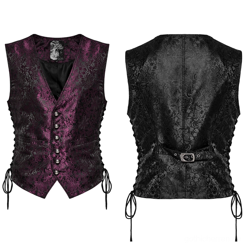 Flach gelegte Front- und Rückansicht der purpur-schwarzen Jacquard-Weste mit seitlicher Schnürung und ornaten Metallösen
