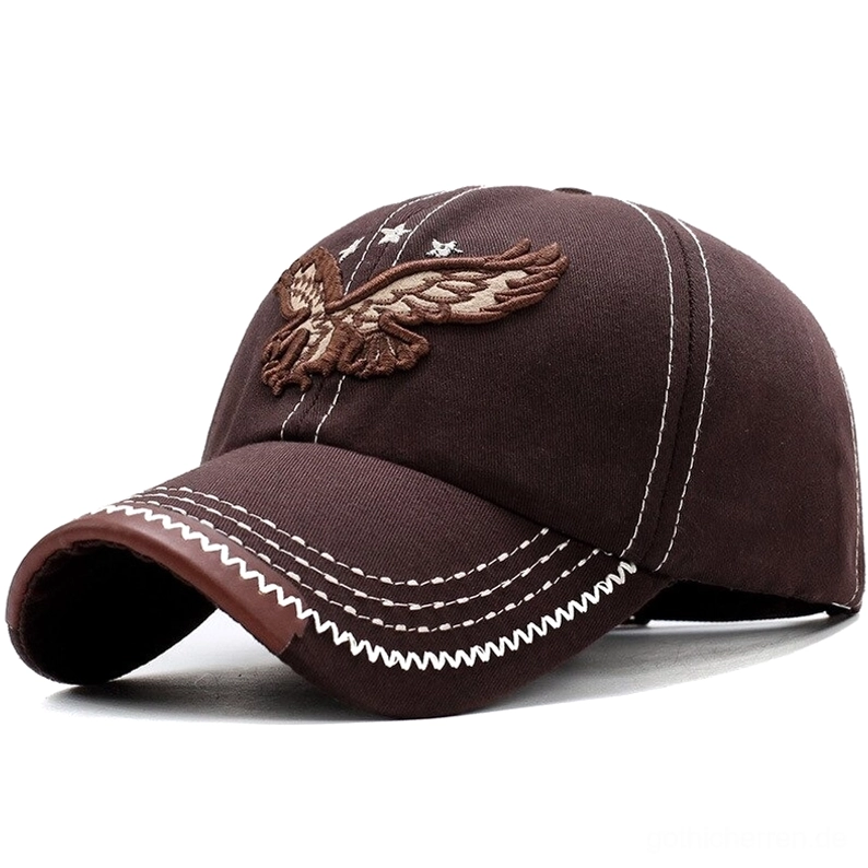 Kaffeebraune Baumwoll-Twill-Gothic-Baseballmütze mit 3D-Adler-Stickerei und Kunstlederblendenbesatz, Vorderansicht – perfekte Farbvariante für Romantic Goth und Steampunk-Fusion