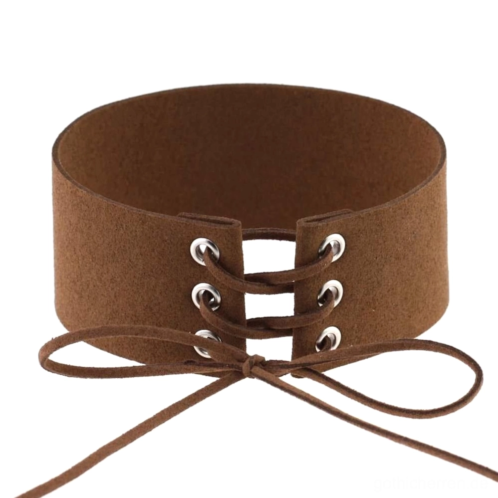 Dunkel Kaffeebraun Velourssamt gothic Halsband mit Schleife Schnürung und silbernen Details