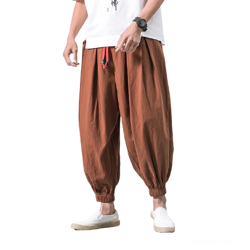 Kaffeebraune Gothic Haremshose für Herren mit rotem Kordelzug elastischen Manschetten, alternative Mode lockere Pluderhose saisonaler Goth-Look