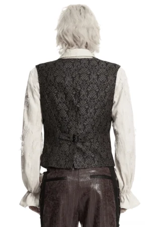 Rückansicht der kaffeebraunen Jacquard-Gothic-Weste mit verstellbarem Rückenschnallensystem und durchgehender Jacquard-Musterabdeckung