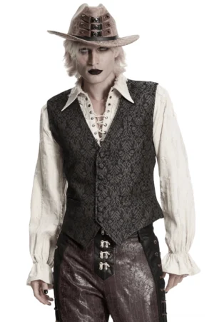 Männliches Modell trägt kaffeebraune Jacquard-Gothic-Weste mit tiefem V-Ausschnitt, Front-Dreiviertel-Studio-Ansicht, kombiniert mit kariertem Vintage-Hemd und Lederhose