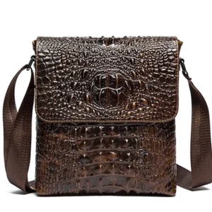 Kaffeebraune Schultertasche mit Krokodilprägung aus echtem Leder und verstellbarem Stoffriemen, Vorderansicht mit strukturiertem Klappendesign