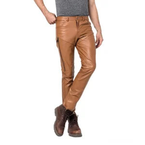 Kamelhaar Leder Skinny Pants mit Seitenverschlüssen überkreuzter Beinstil alternative Lederhose