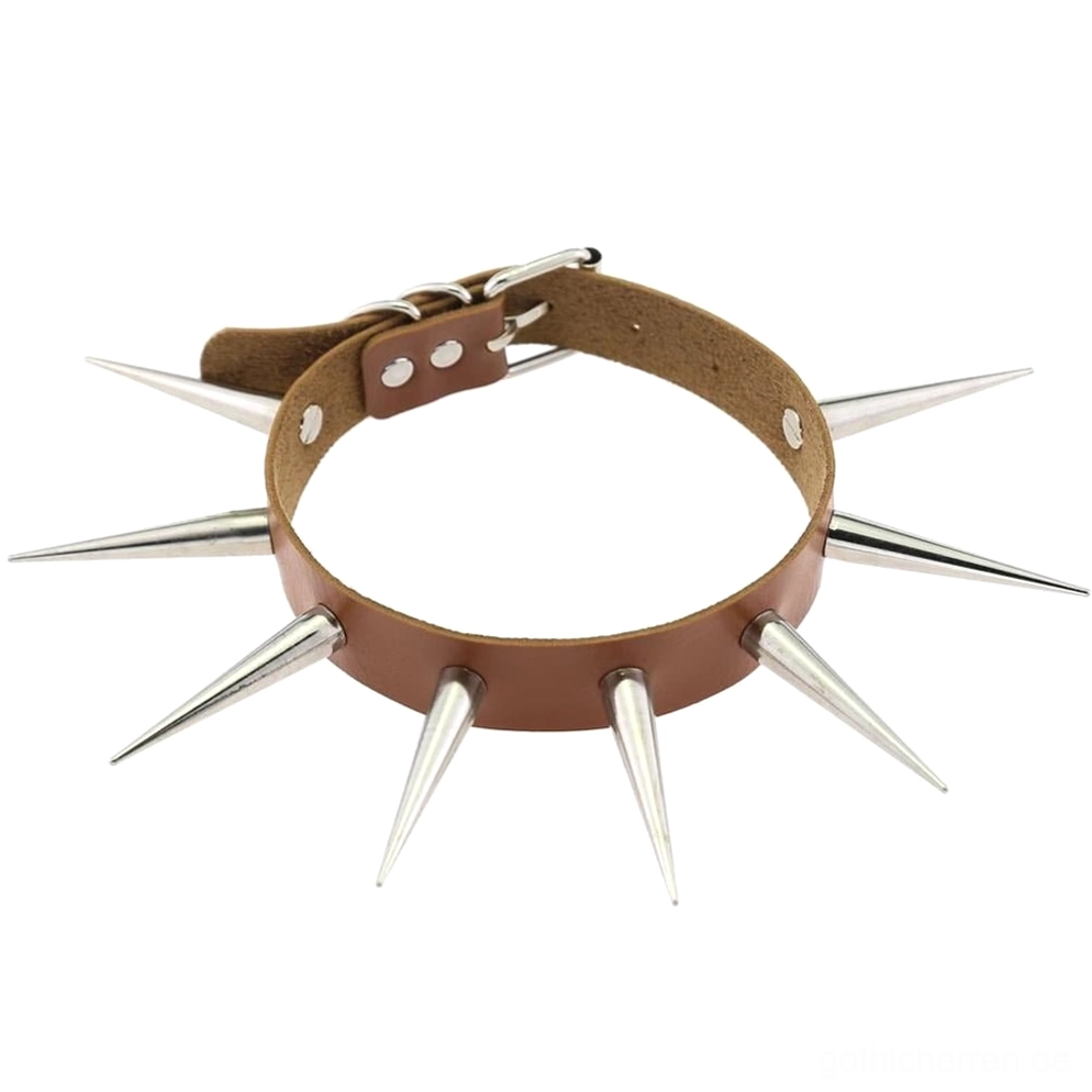 Karamell-Braun Spike Gothic Choker Halsband Flachaufnahme, Kunstleder-Streifen mit langen scharfen Metallspikes und verstellbarem Schnallenverschluss