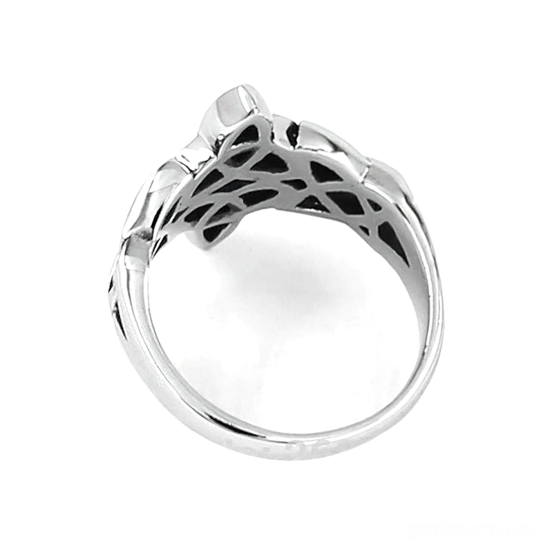 Keltischer Knoten-Ring Unteransicht zeigt glatte Edelstahlband mit hohlem Knoten-Unterseite, detaillierte Basisansicht des gotischen Siegelrings