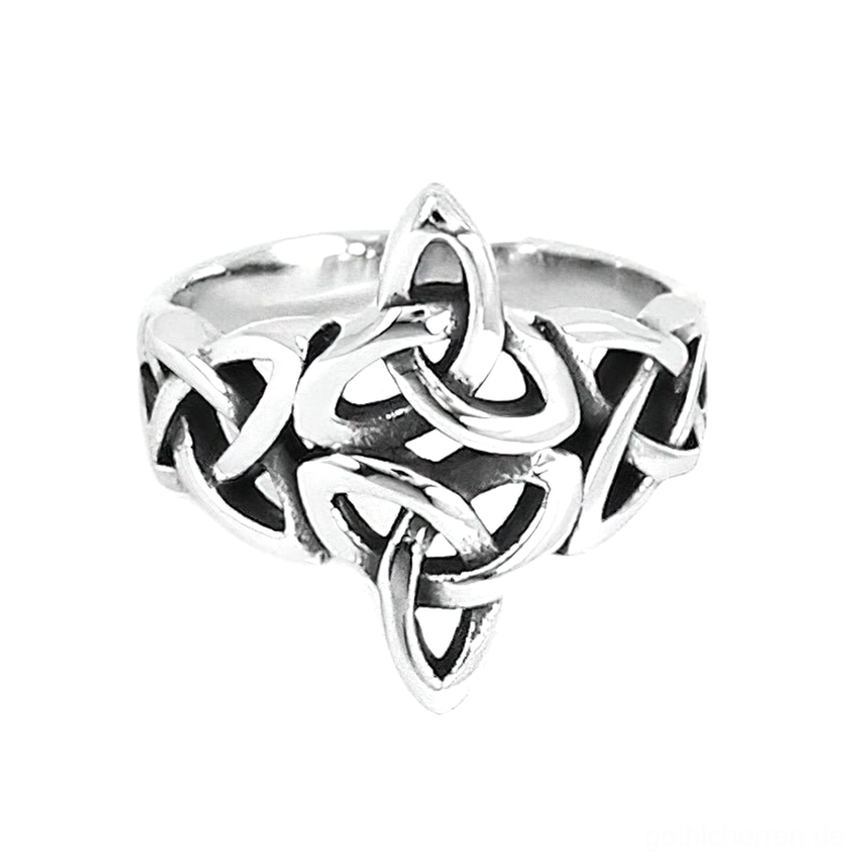 Polierter Edelstahl-Keltischer Triquetra-Ring Vorderansicht mit verschlungenen Trinity-Knoten-Motiv, ideal für gothic Stil und alternative Modeszene