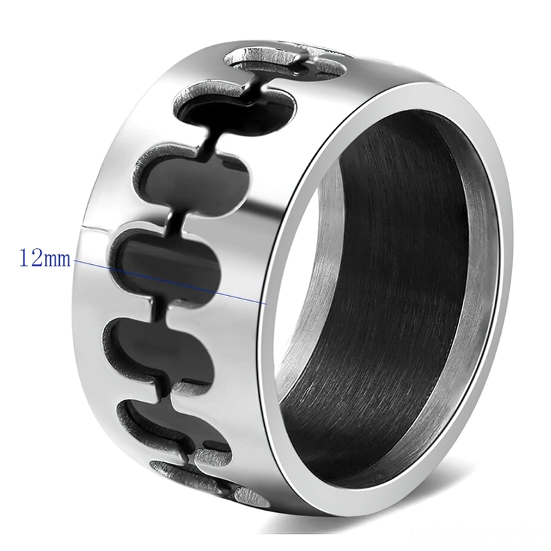 Chirurgischer Edelstahl Gothic Kettenring mit Größenreferenz-Marker zeigt 12mm Bandbreite und detailliertes Kettenglieder-Design, Dual-Tone metallische Oberfläche