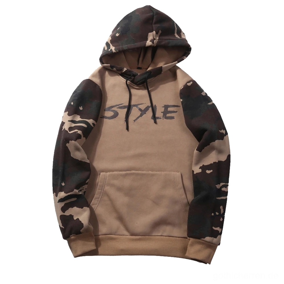 Khaki und Camouflage Farbblock Gothic-Kapuzenpullover Flachliege mit STYLE-Grafikdruck und Känguru-Tasche für Herren