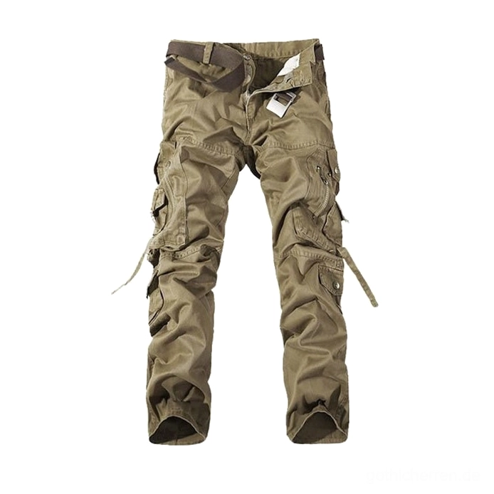 Khaki farbene Cargohose Frontflachaufnahme zeigt Multi-Pocket-Straps neutrale Farbgebung verstellbare Taschenkonstruktion und klassisches Gothic-Utility-Design