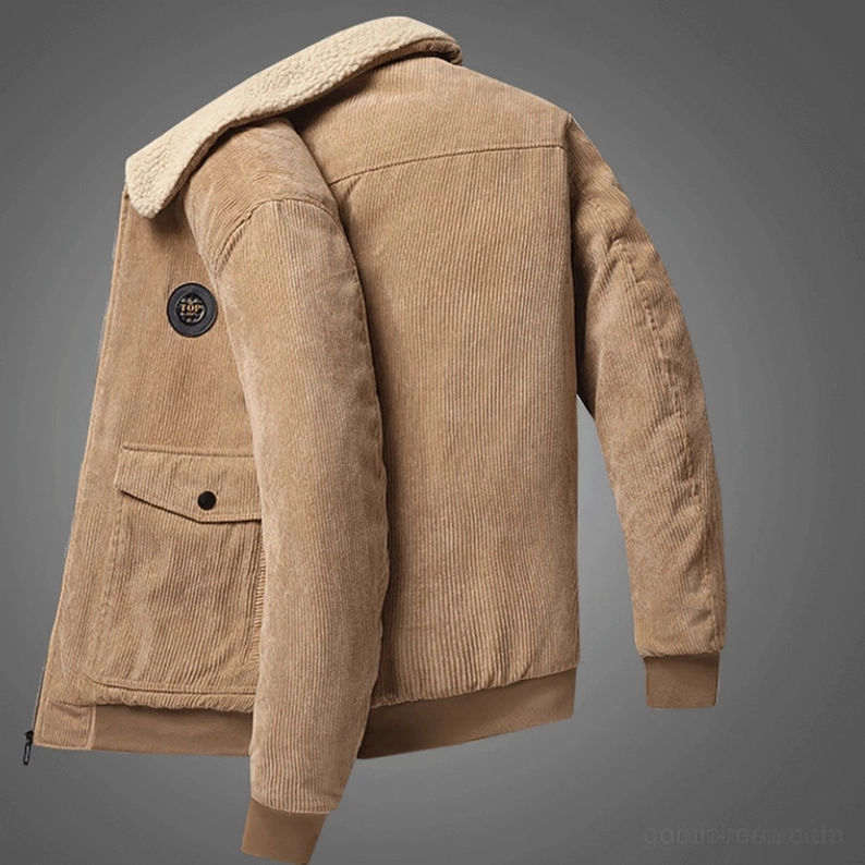 Khaki Alternative Cordsamt Parka Rückansicht mit beigem Sherpa-Kragen, gerippten Manschetten und strukturiertem Saum – Gothic Herrenkleidung