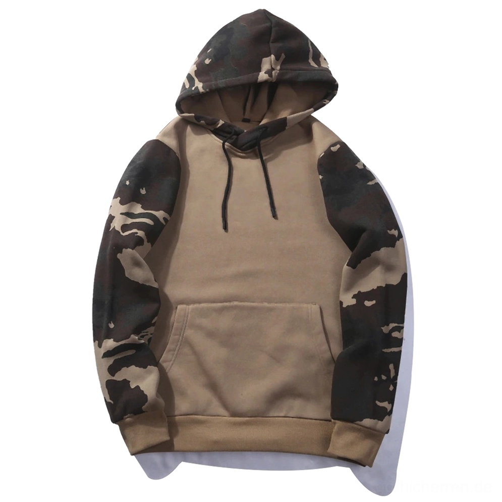 Khaki und dunkles Camouflage Gothic-Kapuzenpullover Flachliege Seitendetail ohne Frontgrafik für Herren