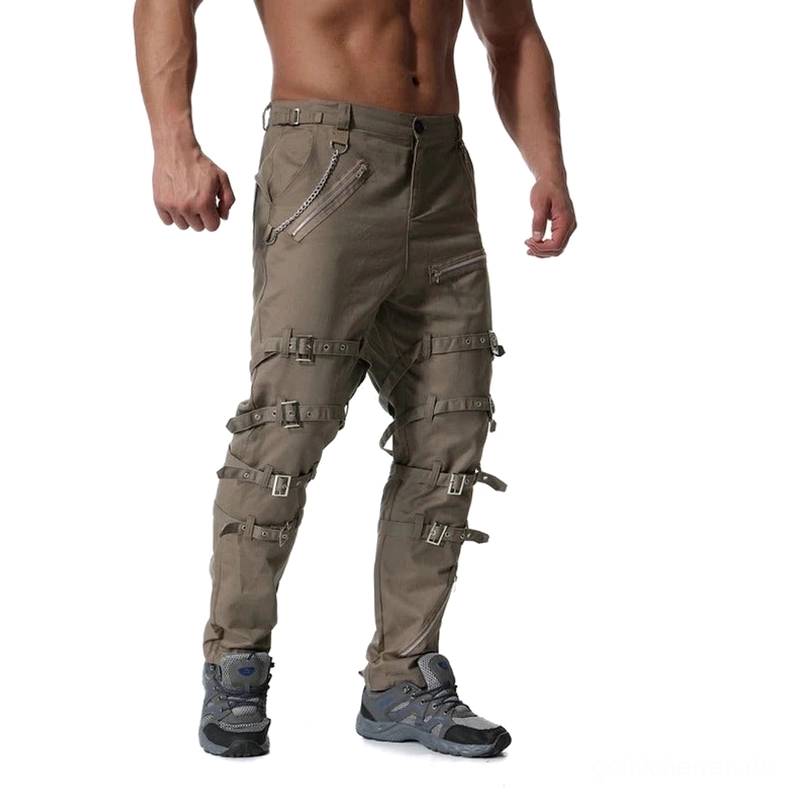 Khaki Gothic Cargo Hose mit Seitenreißverschlüssen und Schnallen-Straps Detailansicht tapered Beinform