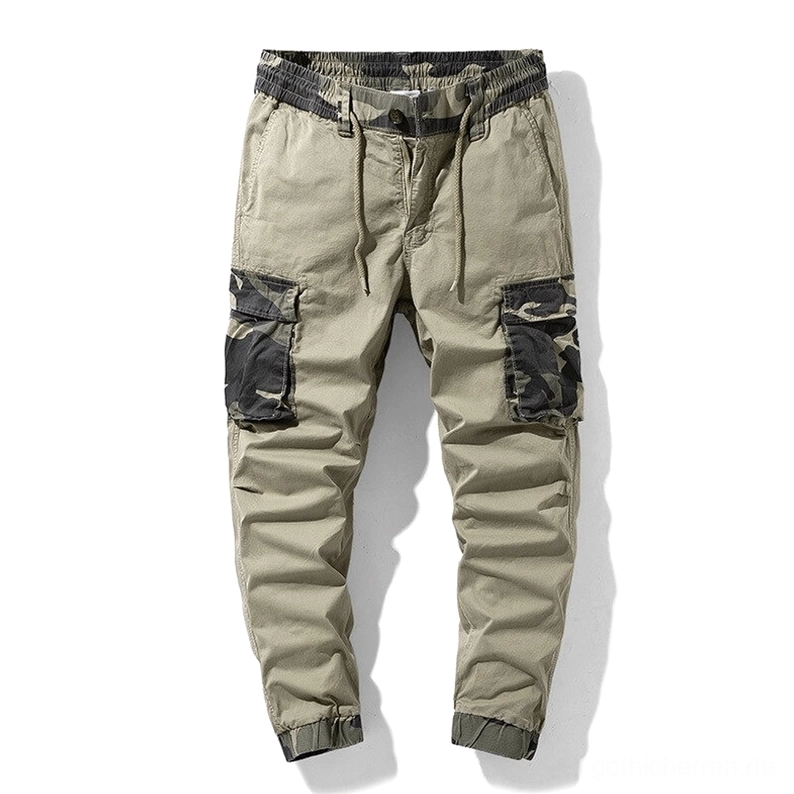 Khaki Gothic Cargo Joggers mit Tarnfleck-Taschen Vorderansicht Alternative Urban Streetwear Cargohose