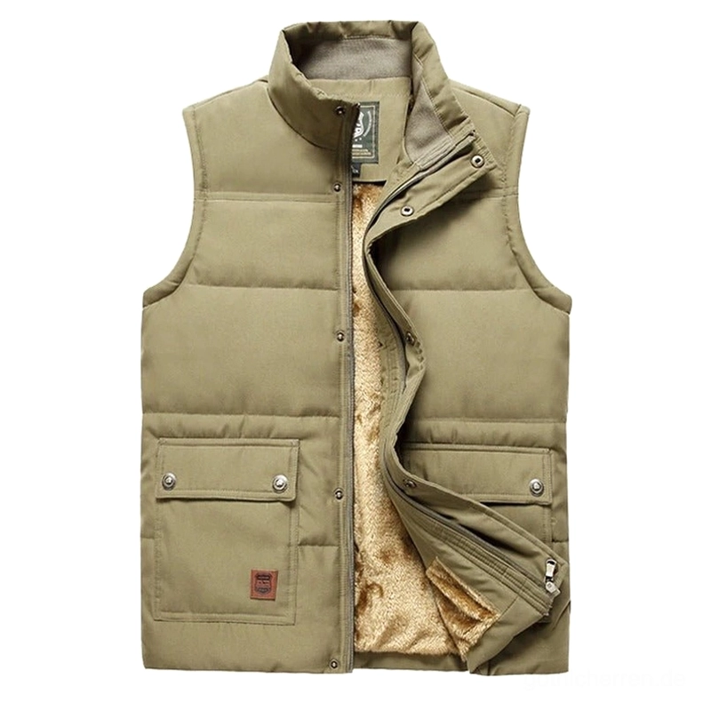 Khaki Herren Gothic Fleece Weste mit Mandarin Stehkragen und Reißverschlussschließung, Vorderseite flach gelegt, vollständige Frontansicht