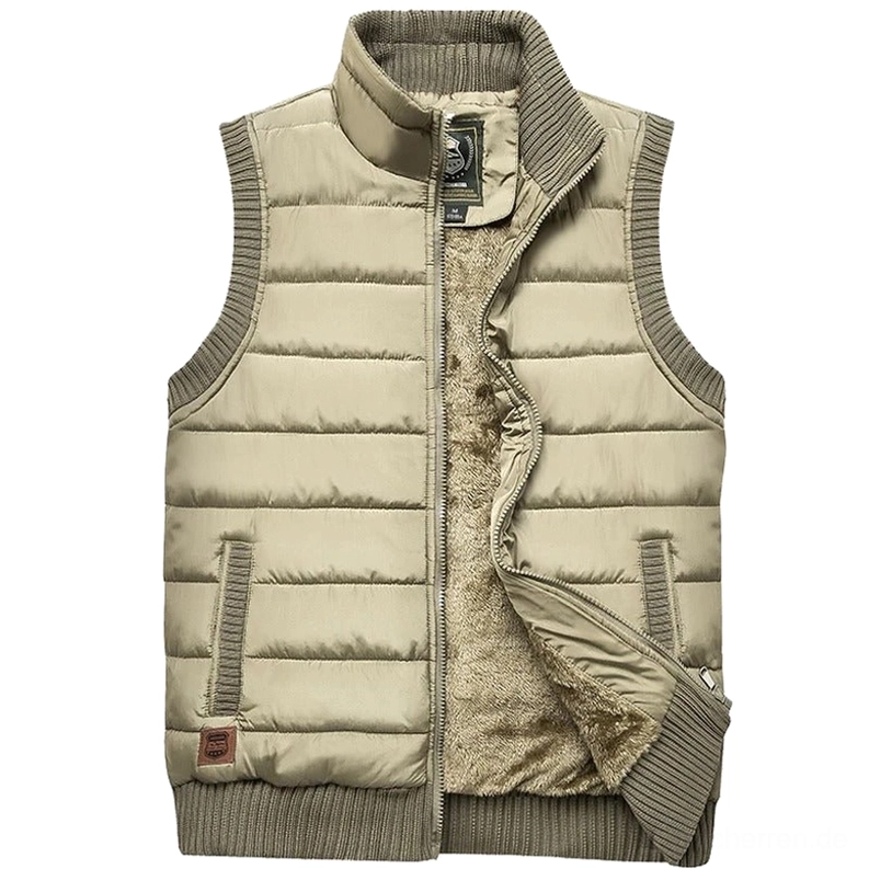 Khaki Puffer Herren Gothic Weste halbgeöffnet, zeigt Fleecefütterung und gerippten Stehkragen, hochwertige Innenkonstruktion sichtbar