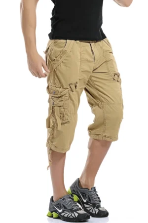 Khaki Military Cargo Capri Shorts im Front-Vollmodell-Look – taktischer lockerer Schnitt mit Multi-Pocket-Design und Knienlängen-Schnitt für gotische Herrenmode