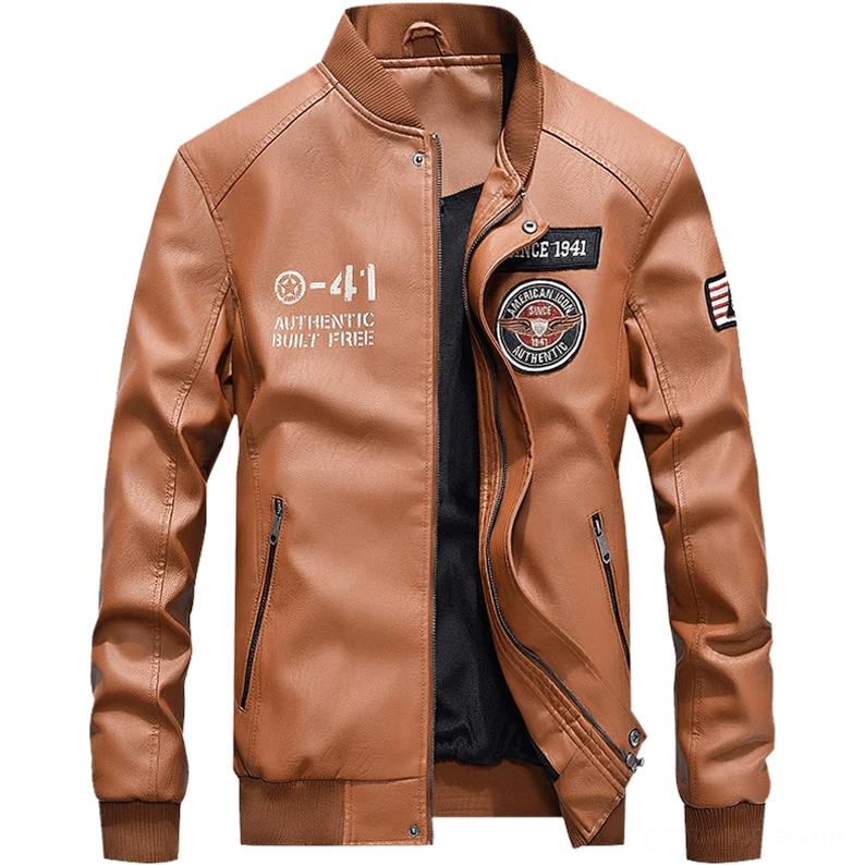 Khaki Tan PU Leder Moto Jacke mit besticktem rundem Abzeichen Detail Gothic Ästhetik Herrenmode