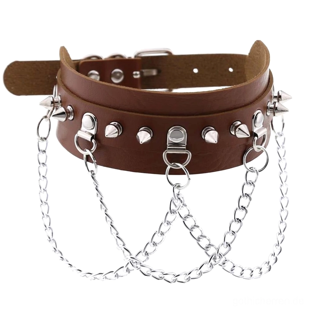 Hellbraun Khaki veganer Leder Spike Choker mit verstellbarem Riemen-Verschluss und metallischen Spike-Verzierungen, Gothic Halsband