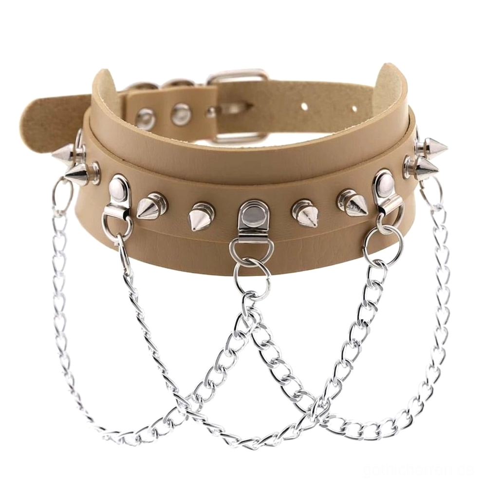 Khaki veganer Leder Spike Choker mit mehrlagigen Metallketten und Kegel-Spikes, verstellbares Gothic Halsband mit Schnallenverschluss