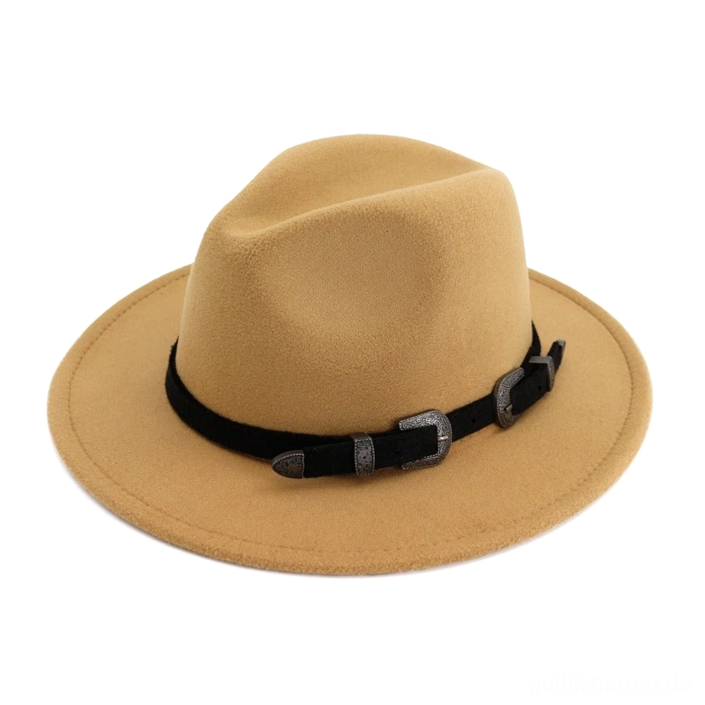 Khaki-gelber vintage Trilby Fedora mit schwarzem Hutband und antiken Schnallen, Alternative-Fashion-Piece