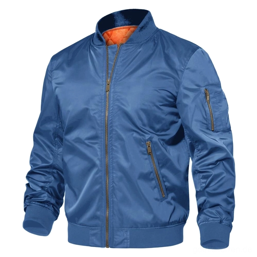Königsblau MA-1 Bomberjacke mit heller Außenschicht und sichtbarem orangefarbenen Innenfutter – Gothic Flight Wear Military Jacke für moderne Herren