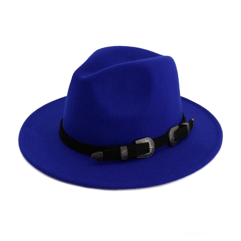 Königsblauer vintage Trilby Hut mit antiken Westernschnallen auf Hutband, weiße Studio-Hintergrund Produktaufnahme