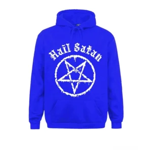 Königsblauer okkulter Kapuzenpullover mit weißem gotischem Logo und Pentagramm-Design, unisex Alternative Fashion Streetwear Frontalansicht