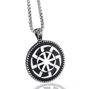 Kolovrat Sonne Edelstahl Gothic Anhänger mit Seilrand-Kreisdesign, zweifarbige Silber-Schwarz-Ausführung, slawisches Sonnenrad-Symbol in voller Vorderansicht auf weißem Hintergrund