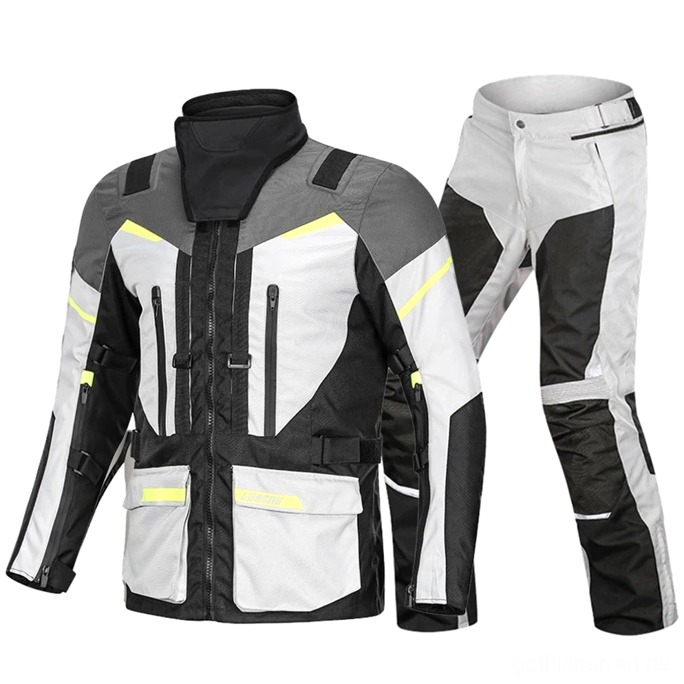 Kompletter Gothic Motorradanzug Jacke und Hose Set abnehmbarer Hals-Wärmer Schal Flatlay taktisches Design