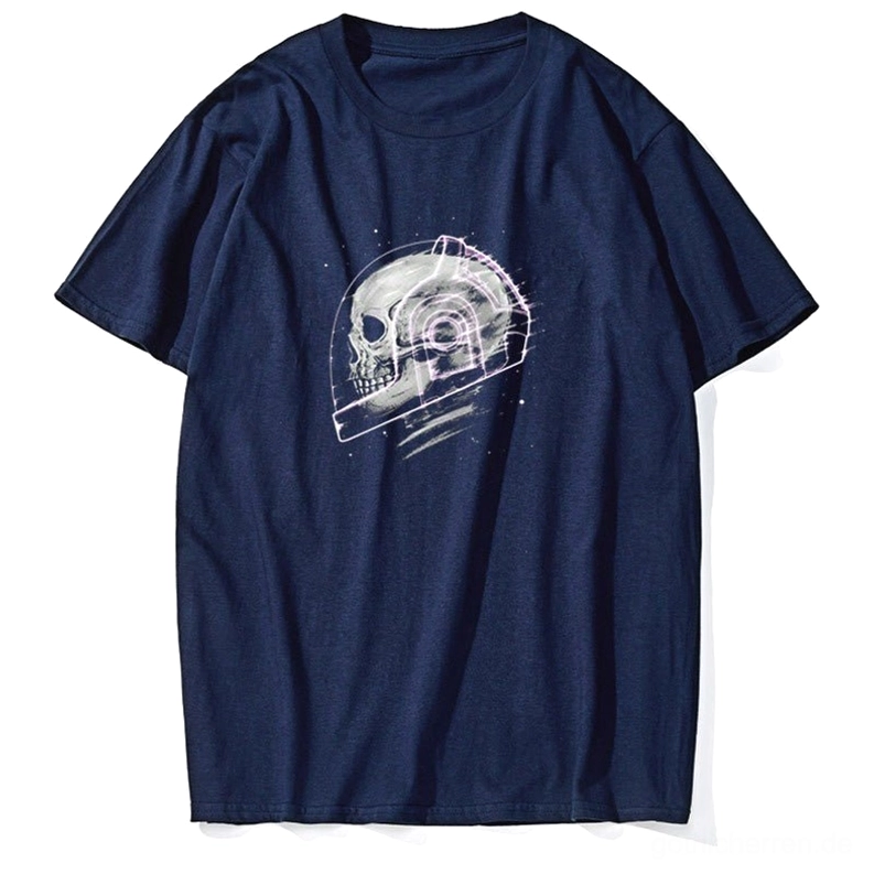 Heather-Grau kosmisches Skelett Grafik Gothic Tee Detailshot, Weltraum-Totenkopf-Print auf Kurzarm T-Shirt Nahaufnahme