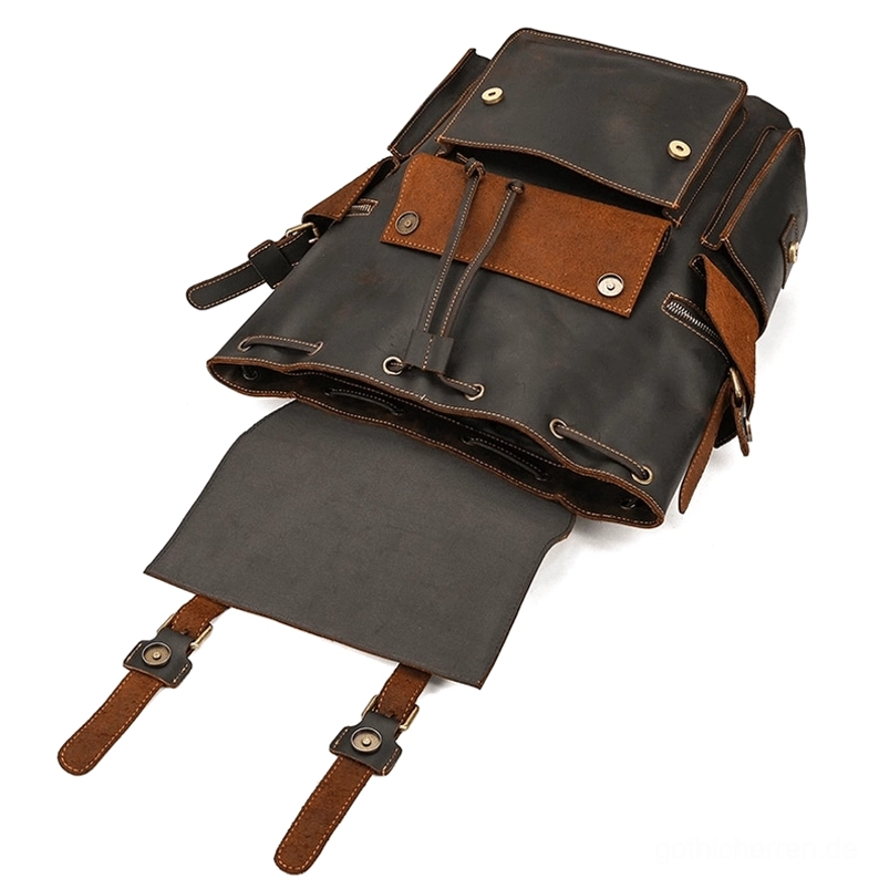 Authentischer Kuhsleder Gothic Rucksack in Dunkelbraun mit kompletter Produktpräsentation Winkel - Vollansicht