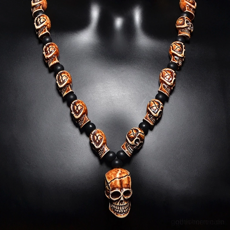 Kunstharz-Totenkopf-Perlenkette mit gealtertem Knocheneffekt – gotische Halskette in klassischer Finesse