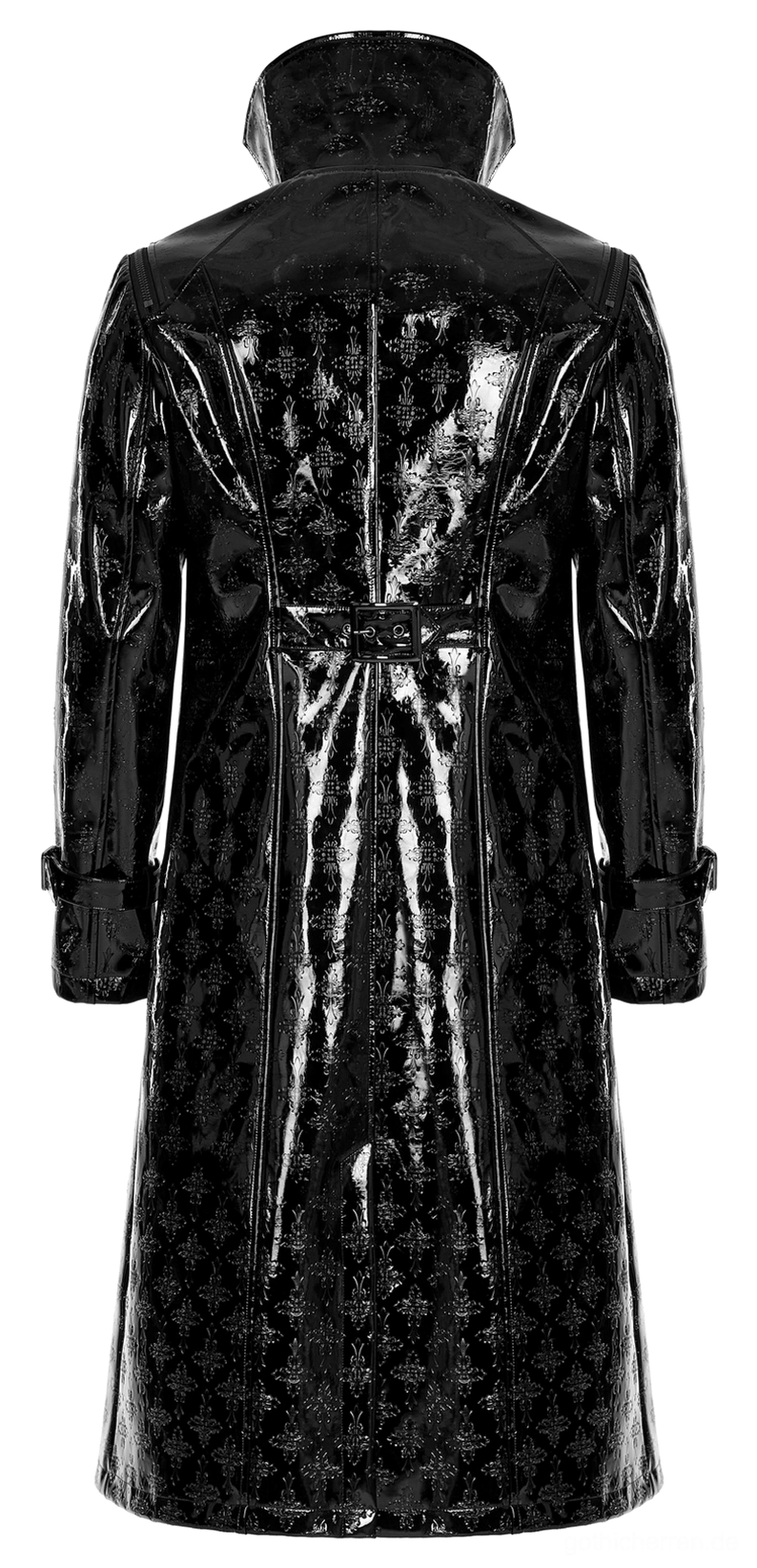 Nahaufnahme: Geprägtes Kreuzmuster auf schwarzem Lackleder-Trenchcoat, Hüftgürtel-Hardware und glänzende Leder-Oberflächenstruktur