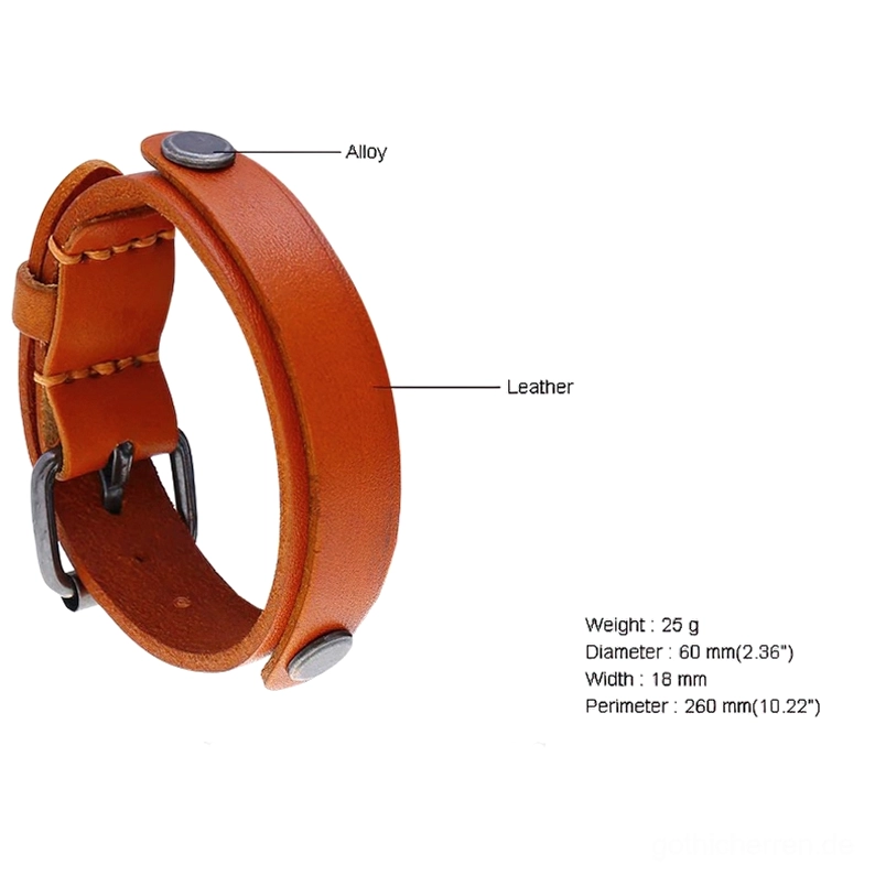 Tan Leder Gothic Cuff Armband mit Produktspezifikationen Metallhardware Details und Größenmessungen