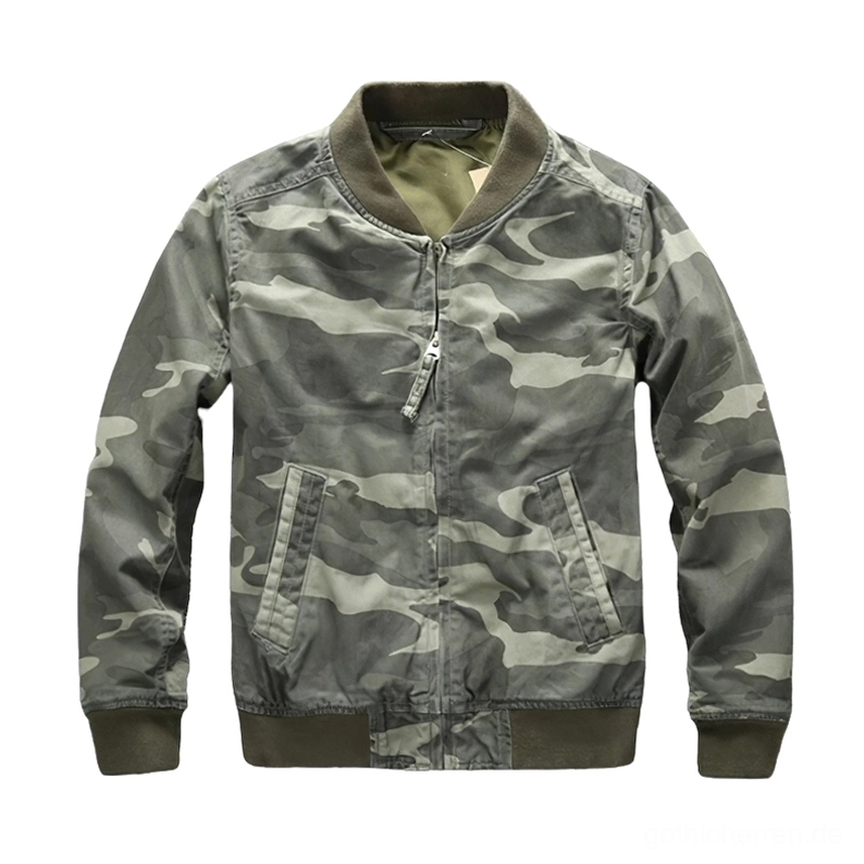 Helle Camouflage Denim Bomberjacke Vorderansicht, dezentes Sage-Tarnmuster mit Metallreißverschluss und gerippten Bündchen Flatlay