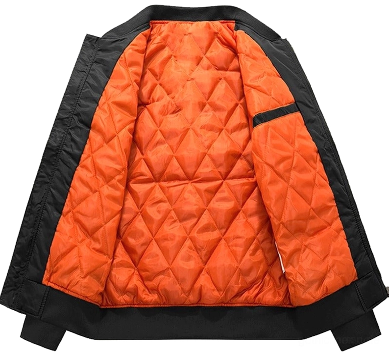 MA-1 Bomberjacke Innenfutter-Detail mit leuchtendem Orange-Wärmepolster und gesteppter Konstruktion – Cotton Bomber Jacke Isolierungstechnologie für Gothic Herren