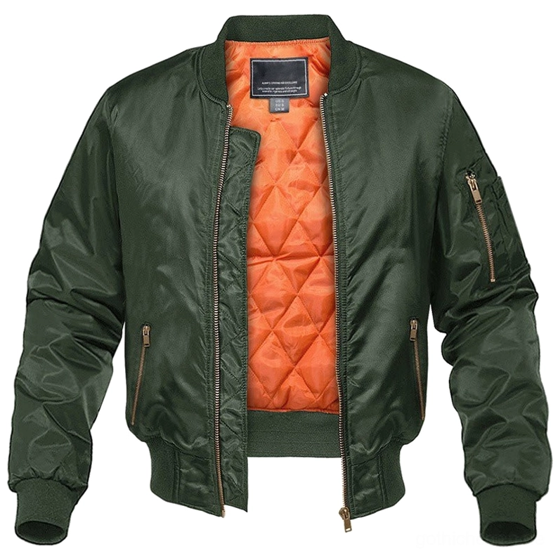 MA-1 Bomberjacke Waldgrün Gothic Herren mit gesatteltem orangefarbenen Innenfutter und mehreren Reißverschluss-Taschen – Military Flight Jacket mit gesteppter Wärmeisolierung