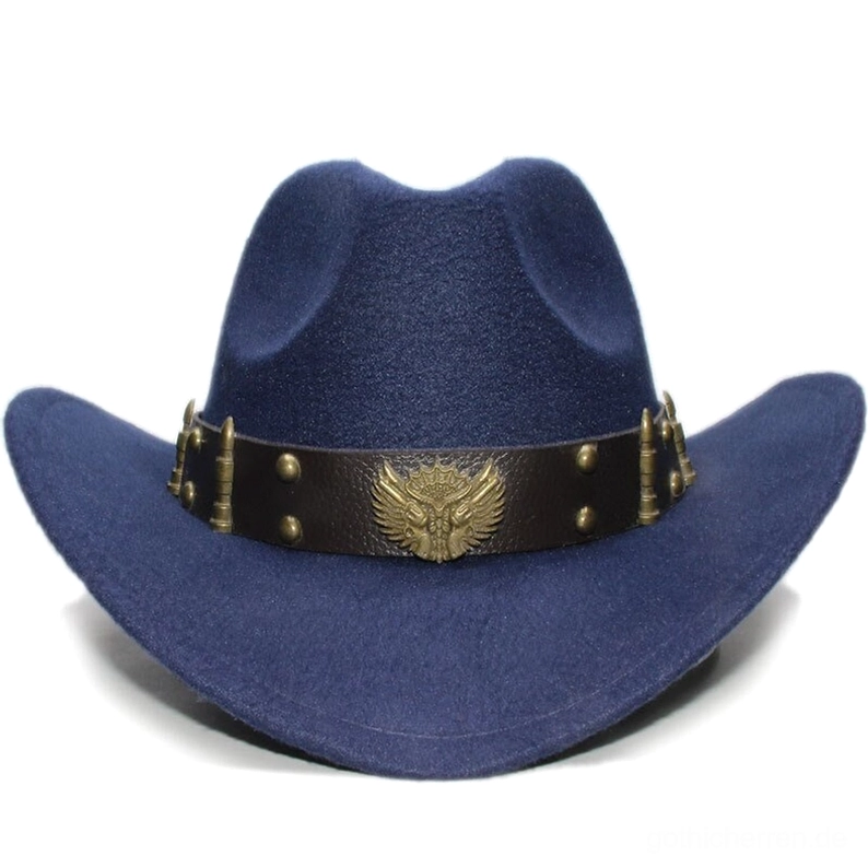Tiefes Marineblau Wollfilz Fedora mit gestempeltem Adler-Lederband und Nieten, Frontal Studio-Fotografie
