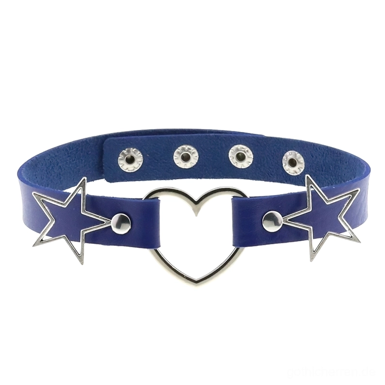 Marineblau Gothic Choker Halsband Flatlay mit silbernen hohlen Herz- und Stern-Metallakzenten, verstellbarer Druckknopf-Verschluss für Alternative Fashion