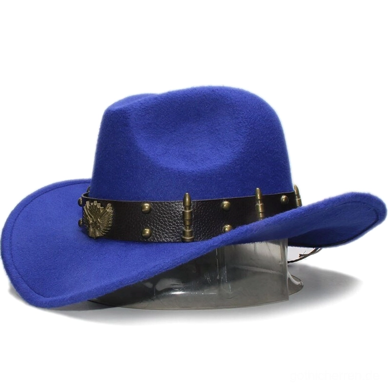 Marineblau Wollfilz Gothic-Fedora mit geprägtem Adler-Lederband und industriellen Nieten-Details