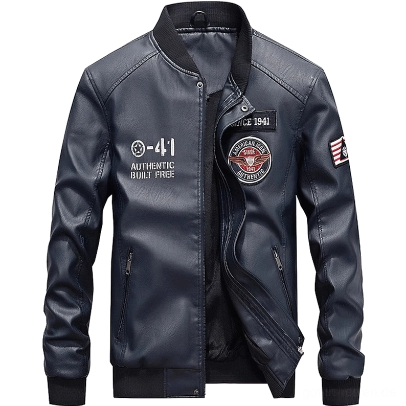 Marineblaue Gothic Moto PU Lederjacke mit militärischen bestickten Patches und Gothic Ästhetik Herrenmode