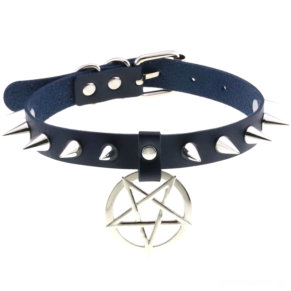 Marineblau Spike Leder Choker mit silbernem Pentagram Anhänger, Alternative Goth-Schmuck – Verstellbares Halsband mit konischen Metallstudien